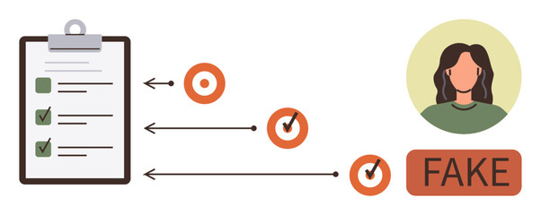 Checklist with marked items, arrows pointing to profile verification steps, and fake detection stamp. Ideal for identity verification, fraud prevention, security, authentication, online safety, data