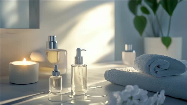 A neatly arranged spa setup with various beauty and skincare items, creating a serene and inviting atmosphere for relaxation and personal care.