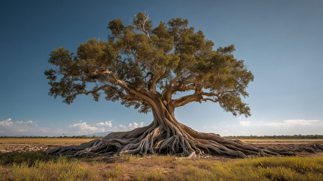 A massive tree with deep roots, symbolizing a company's unique and inimitable core competency.