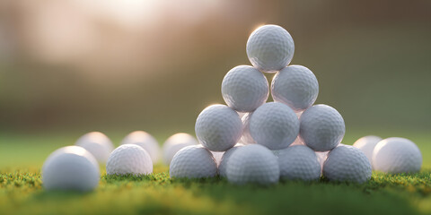 Stacked golf balls on green grass with warm sunlight create a serene scene, perfect for sports and leisure