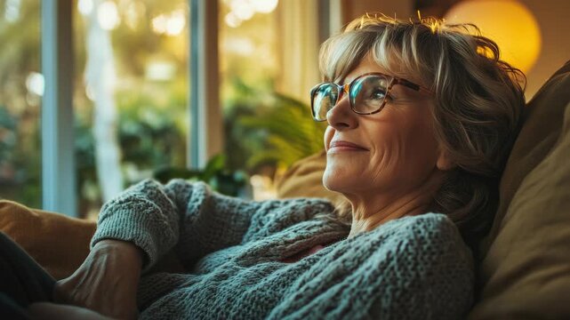 An elderly woman is at ease in her home, enjoying a quiet moment on the couch with a warm smile.