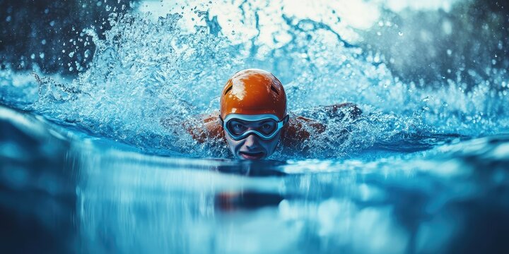A man in an orange helmet is swimming in the water