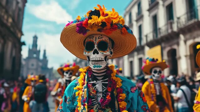 Lively Mexican Day of the Dead Festival with colorful outfits, sugar skull face paint, and traditional attire.
