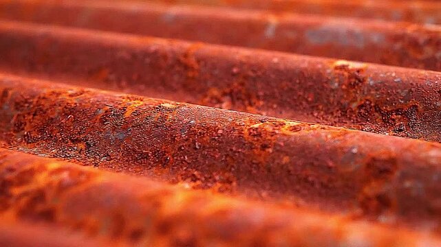 Rust patterns on a corrugated metal sheet, macro texture shot.