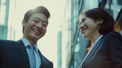 Smiling business colleagues looking at each other and laughing. Positive workplace interaction in city office. - Powered by Adobe