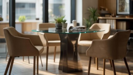 Fototapeta premium Modern Dining Room with Glass Table and Upholstered Chairs.