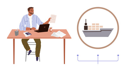 Man analyzing logistics documents at desk with cargo ship diagram. Ideal for shipping, logistics, management, trade, data analysis, global commerce, supply chain. Simple flat metaphor