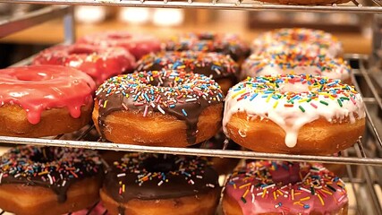 Tempting donuts on a rack with various glazes and colorful sprinkles.