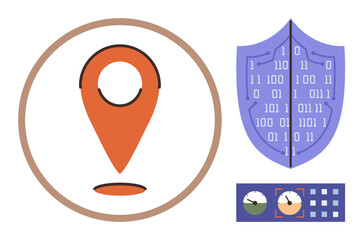 GPS location pin, data protection shield with binary numbers, analytics dashboard. Ideal for navigation, cybersecurity, data security, privacy, location accuracy, tech innovation simple flat
