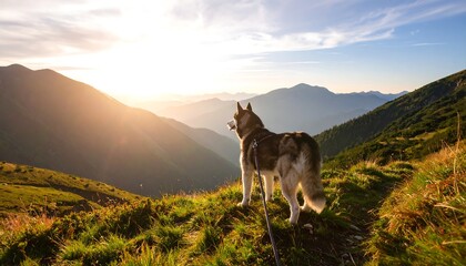 Husky dog gazes at mountain sunset