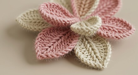 Fototapeta premium Knitted flower with soft pink and cream petals on neutral background