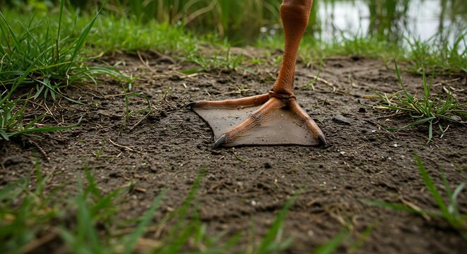 Close up of a ducks webbed foot on brown soil with green grass