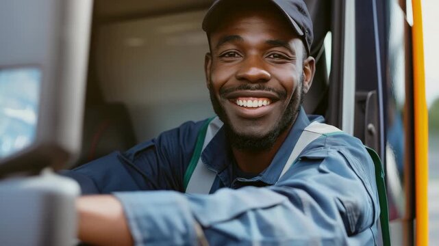 A cheerful professional driving a public transportation vehicle, embodying job satisfaction and human connection in his work.