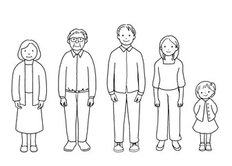 祖父母と親子の三世代家族、線画。