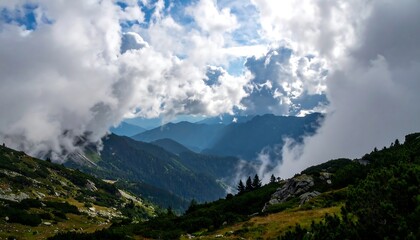 Mountain valley shrouded in clouds, sunlight breaks through