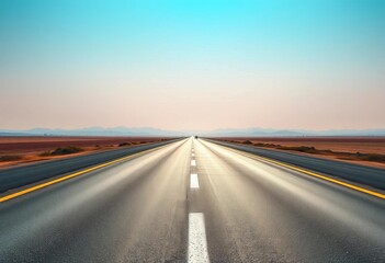 Naklejka premium Asphalt road stretching towards a distant, hazy horizon under a clear sky, asphalt, sky
