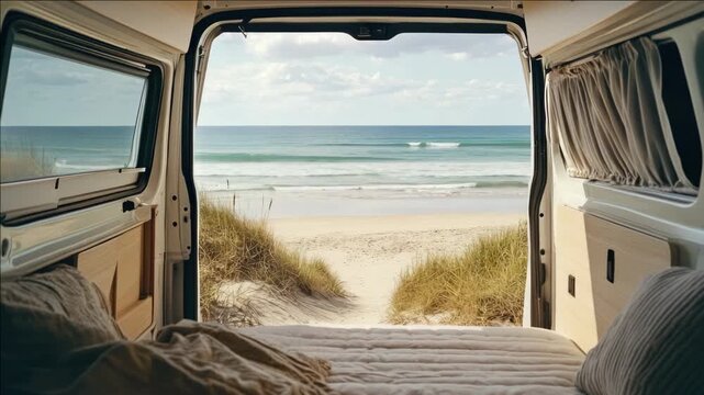 Beach van with sand dunes in the background.