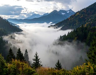 Mountain valley shrouded in morning mist, autumnal foliage
