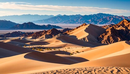 Golden dunes meet distant mountains