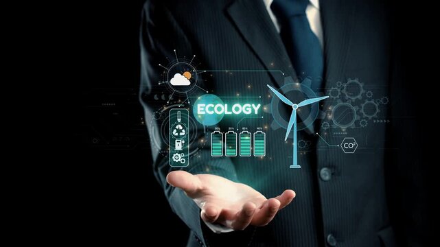 A businessman showcases digital graphics representing ecology and renewable energy. Elements like wind turbines and battery icons emphasize modern sustainability initiatives. Qubit
