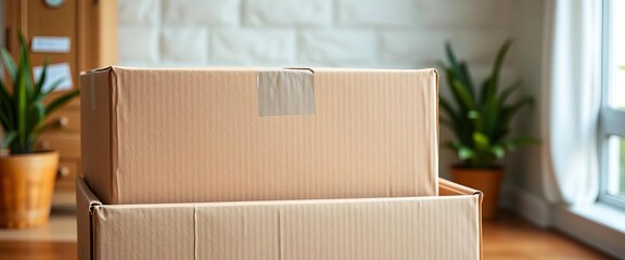 A neatly packed cardboard shipping box ready for delivery,  ecommerce,  bubble wrap