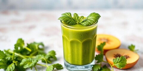 Vibrant green smoothie in glass, garnished with spinach,   ginger,   lime