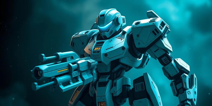 Sleek, armored robot; powerful weaponry, advanced sensors,   ruins,  sci-fi