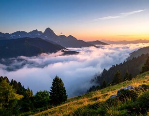 Mountain valley sunrise, clouds below, hillsides with greenery