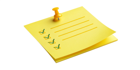 Yellow Sticky Note Checklist with Green Check Marks and Thumbtack on Transparent Background
Pinned Memo Note with Completed Tasks Checklist and Blank Space – Isolated Sticky Note Icon