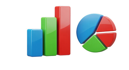 3D render of a colorful 3D bar chart and pie chart icons, glossy business style, isolated