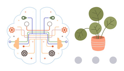 Stylized brain graphic featuring colorful neural pathways, interwoven gears, and nodes beside a potted plant with broad leaves. Ideal for innovation, technology, nature, harmony, sustainability