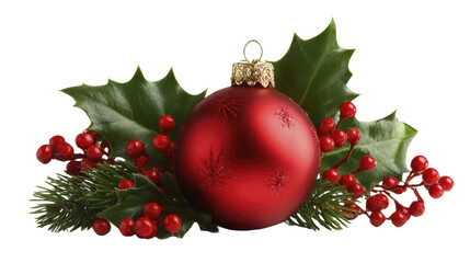 Christmas ornament with holly leaves, vibrant berries, and green pine needles