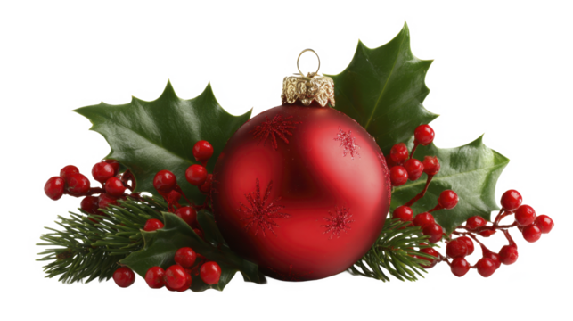 Christmas ornament with holly leaves, vibrant berries, and green pine needles