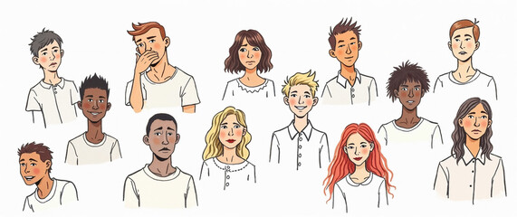Color sketch of a group of young people of diverse ethnicities expressing various emotions  