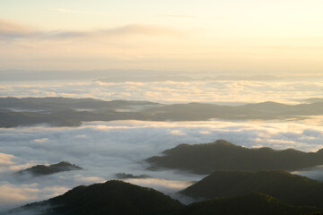 A breathtaking sunrise casts golden light over rolling hills and valleys filled with soft, white clouds. The scene captures the tranquility of nature at dawn. Roan Mountain Tennessee