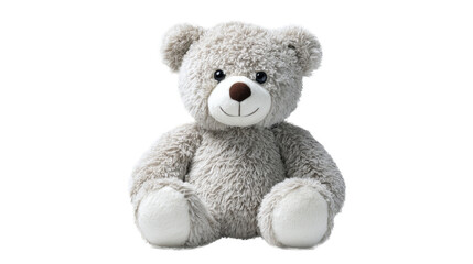 Obraz premium Gray fluffy teddy bear sitting on a transparent background, a cute soft plush toy PNG image