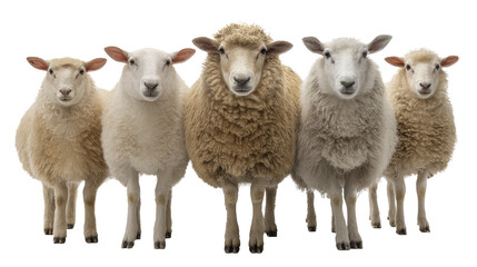 Fototapeta premium Five sheep standing looking forward on a transparent background, PNG image, PNG file