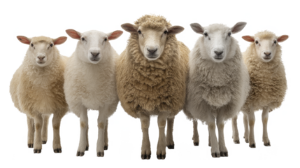 Five sheep standing looking forward on a transparent background, PNG image, PNG file