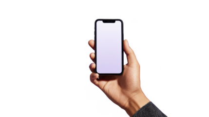 Adult person hand holding modern smartphone displaying blank white screen on a transparent background PNG image