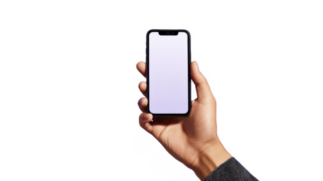 Adult person hand holding modern smartphone displaying blank white screen on a transparent background PNG image