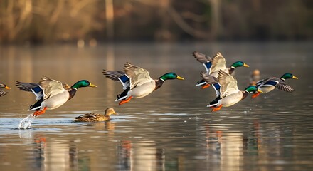 Ducks taking flight over water in natural environment