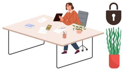 Woman sitting at desk, using tablet with papers, books, a plant, and a smartphone. Lock icon symbolizes data security. Ideal for workplace, productivity, organization technology security remote