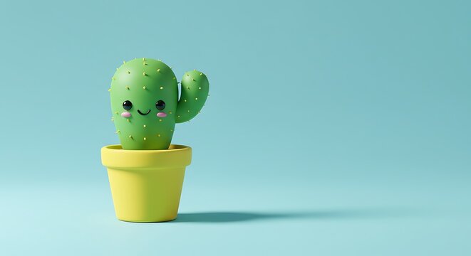 Cute cartoon cactus in yellow pot against a soft blue background