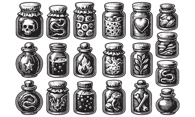 Occult Alchemy Potion Bottles Line Art Vector Icon Set