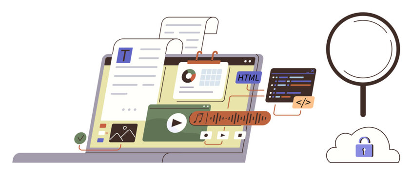 Laptop displaying files, HTML code, audio, analytics, text editor, magnifier, and cloud with lock. Ideal for coding, web design content creation analytics security digital tools education