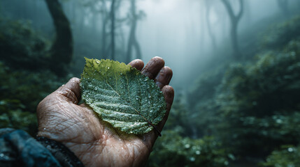 A hand holding a wet leaf in a misty green forest scene.