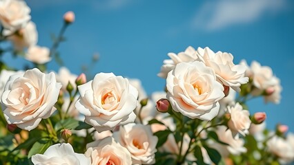 Close-up of white bush roses in full bloom against a soft blue sky, embodying spring garden beauty.