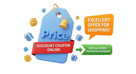 3d tag Price icon with bell notification for discount coupon online.white background