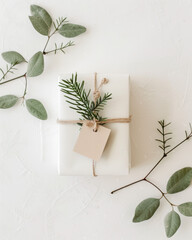 Minimal product mockup holiday flat lay, single gift box and tag, clean white background, soft shadow, copy space Christmas, ecommerce neutral product image gift exchange party holiday shopping