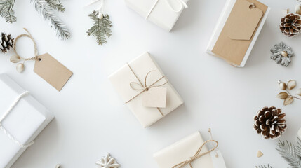 Minimal product mockup holiday flat lay, single gift box and tag, clean white background, soft shadow, copy space Christmas, ecommerce neutral product image gift exchange party holiday shopping